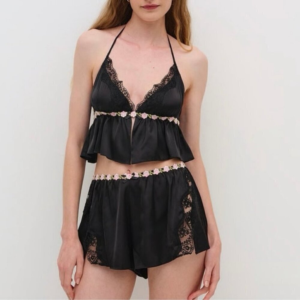 NWOT For Love & Lemons Gertrude Sleep Set Black Floral Lace Satin Pajama Set